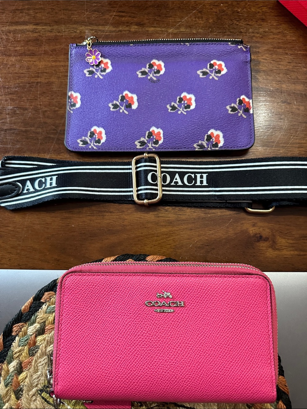 Coach Purple Floral Zip Pouch & Pink Leather Zip Wallet Duo and crossbody strap